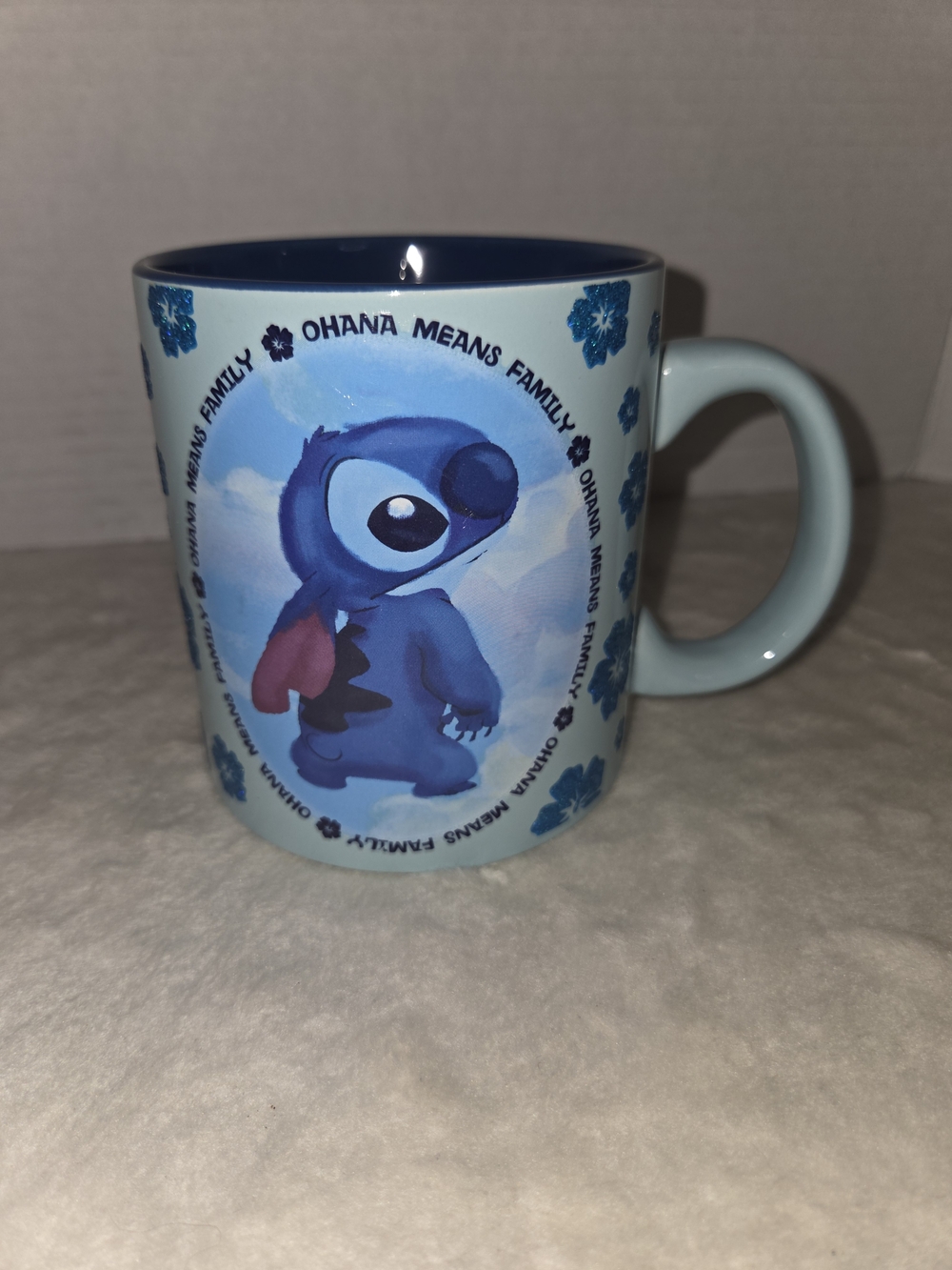 Disney Lilo & Stitch Ohana Family Glitter Floral 20 Oz Ceramic Mug Blue 4.5" H